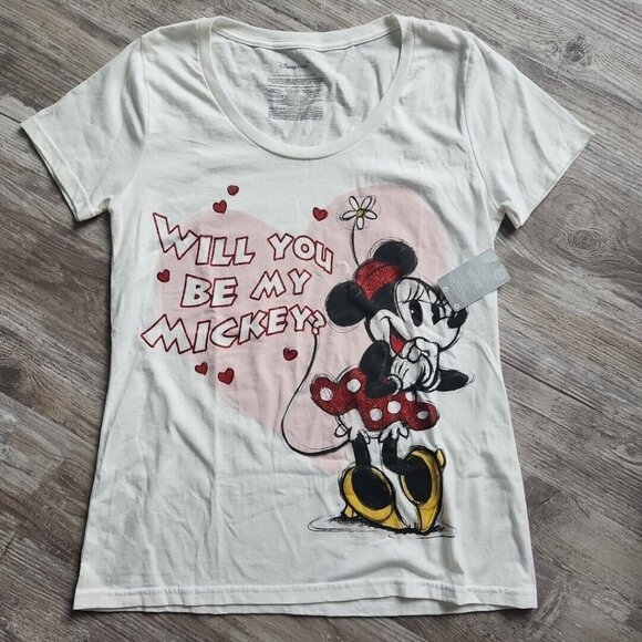 Disney Minnie Mouse Heart "Will You Be My Mickey?" Graphic Womens T-Shirt Size L - Picture 11 of 12